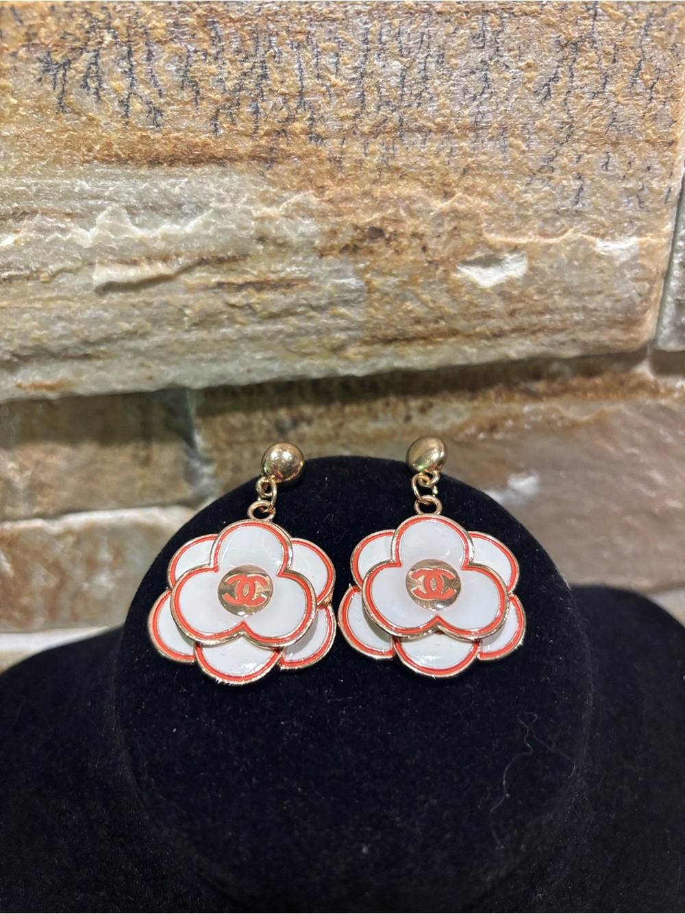 White & Coral CC Camellia Drop Earrings